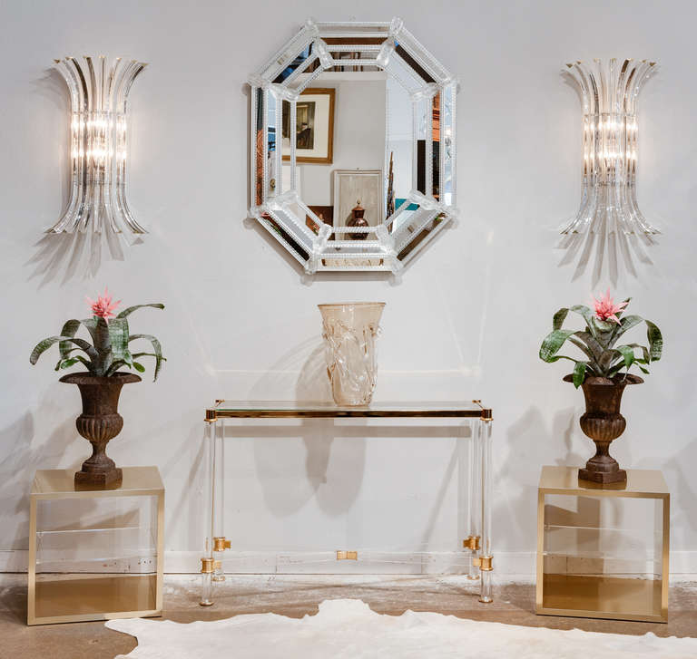French vintage console table lucite, gilt brass, and glass. Wonderful proportions.