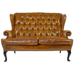 Vintage Tufted Leather Wingback Sofa