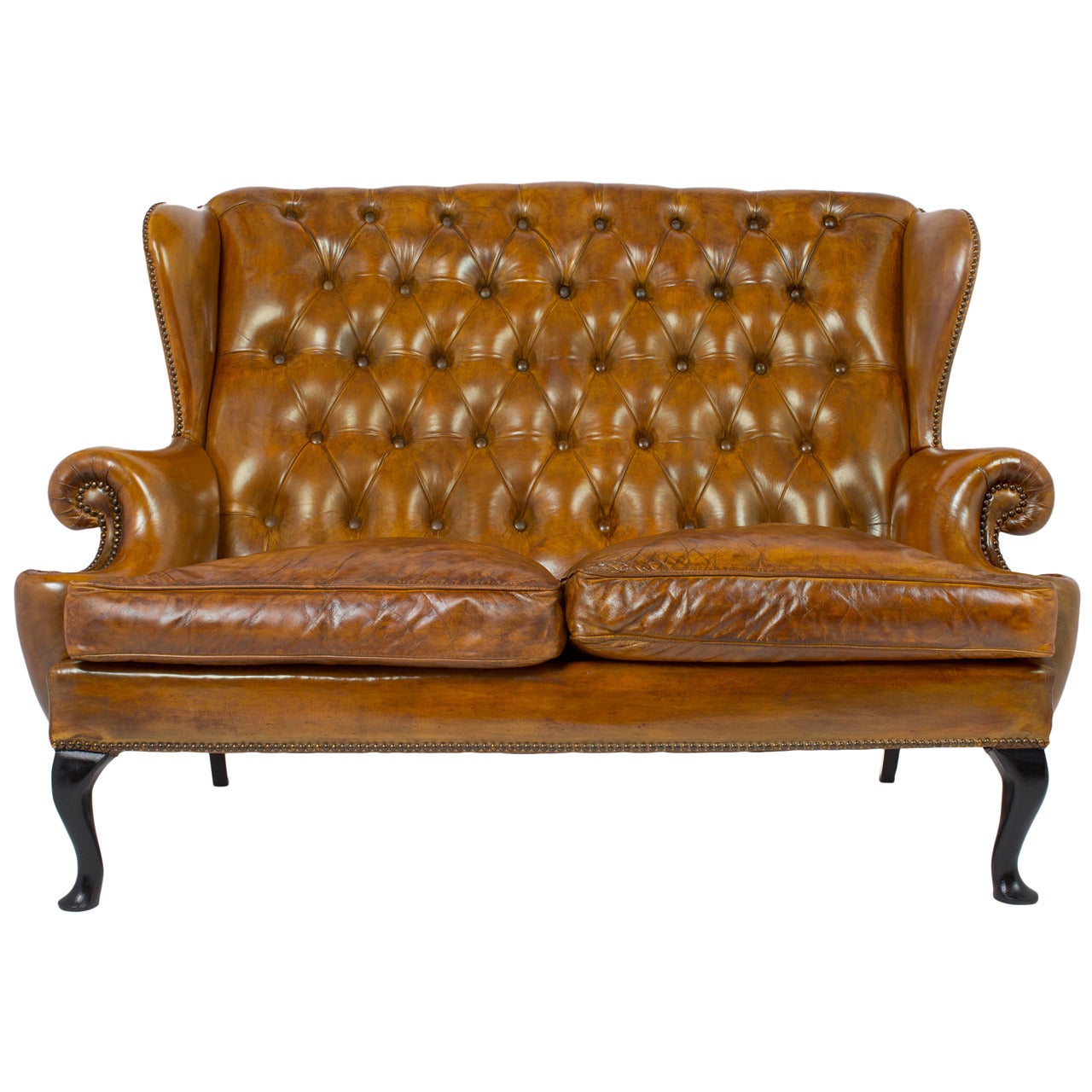 Vintage Tufted Leather Wingback Sofa