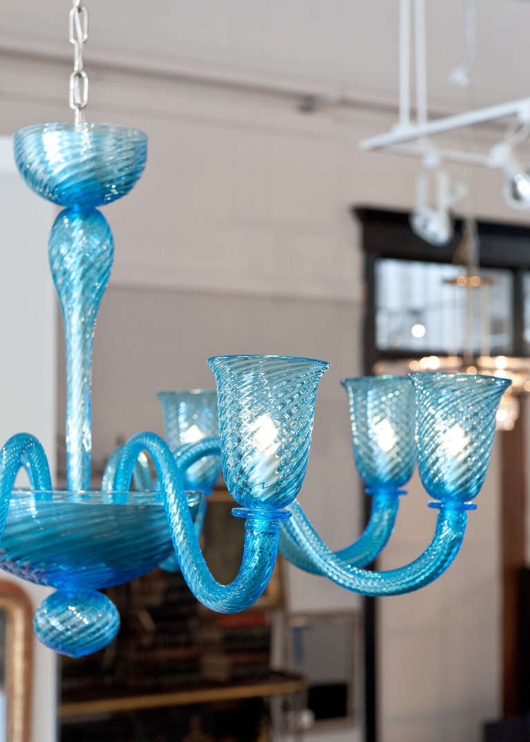 Mid-Century Modern Cerulean Blue Murano Glass Chandelier