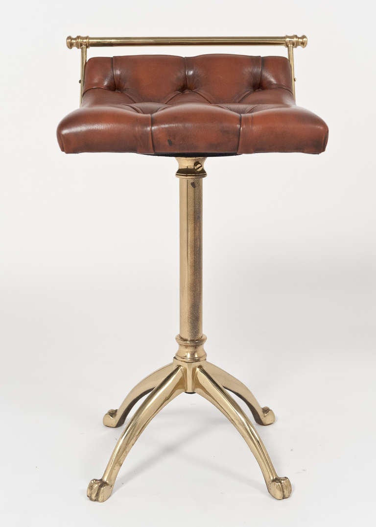 French Vintage Leather & Gilt Brass Harpist Stool
