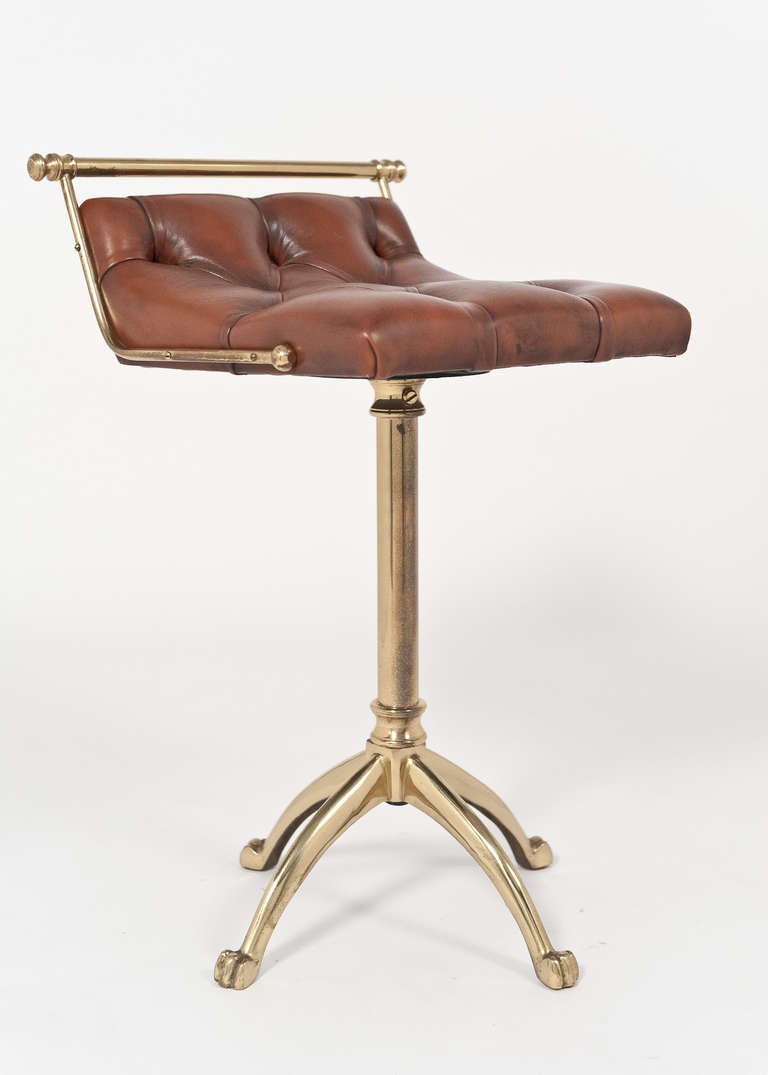 Vintage Leather & Gilt Brass Harpist Stool In Good Condition In Austin, TX