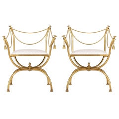 Vintage Pair of Gilded Brass Curule Armchairs