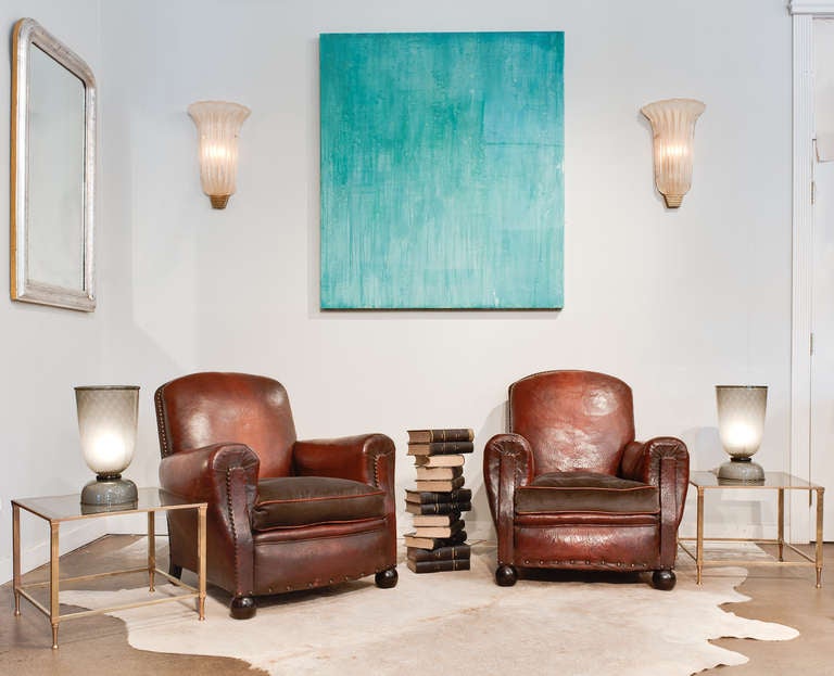 French Vintage Pair of Leather Club Chairs