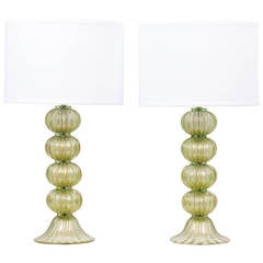 Pair of Murano Green "Avventurina" Glass Lamps