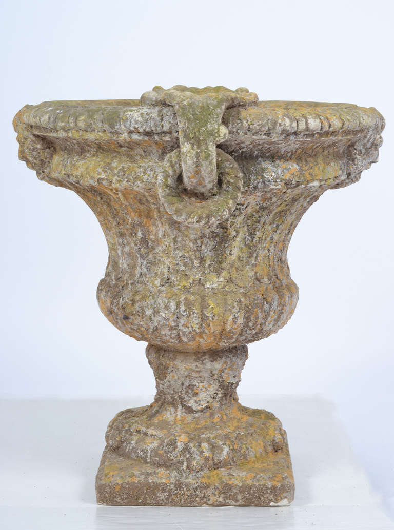 Pair of Vintage Patinated Stone Medici Urns In Good Condition In Austin, TX