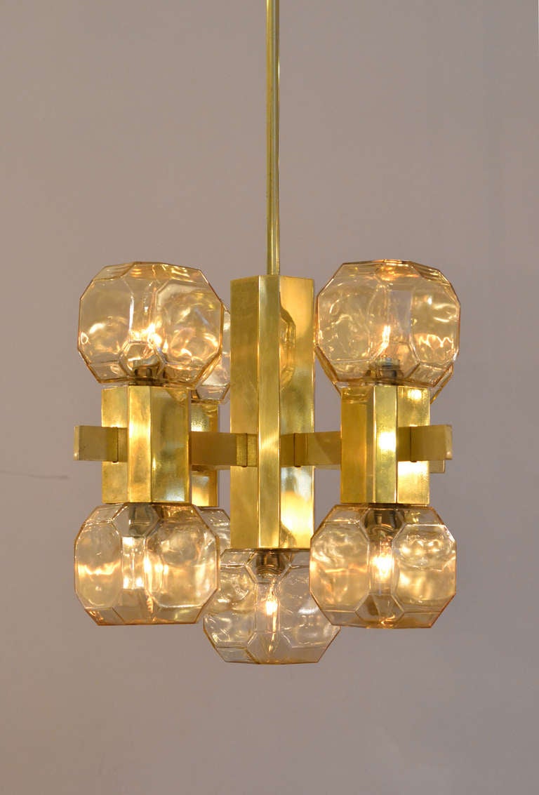 Mid-Century Modern Vintage Italian Pair of Brass and Glass Chandeliers