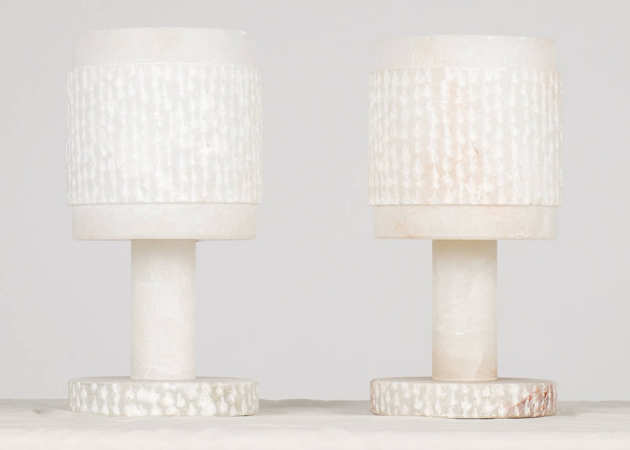 Carved Spanish Vintage Pair of Alabaster Table Lamps