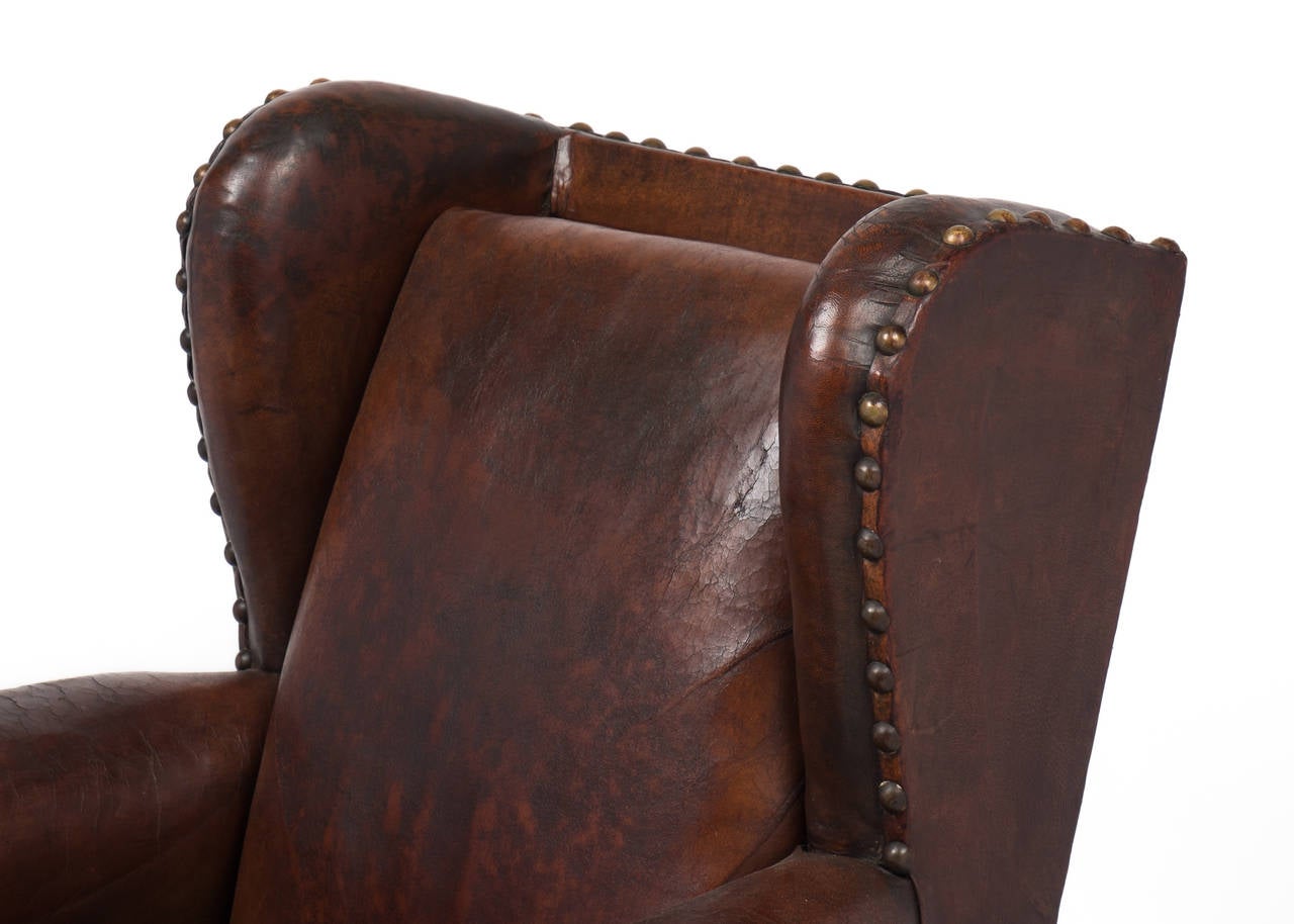 French Vintage Wingback Leather Club Chair In Good Condition In Austin, TX