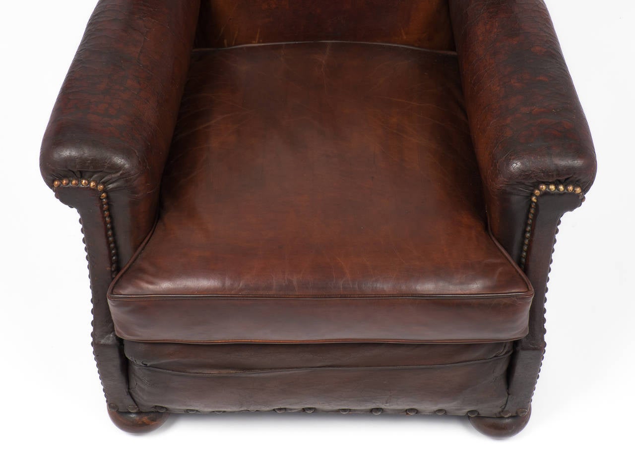 Early 20th Century French Vintage Wingback Leather Club Chair