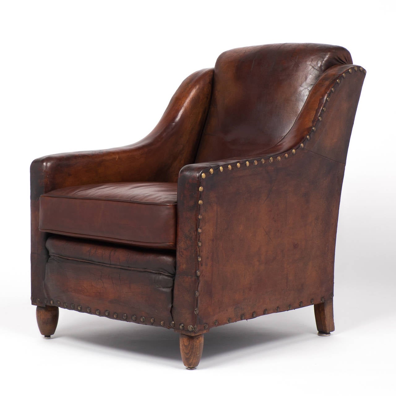 Brass French Vintage Leather Armchair