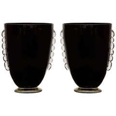 Murano Black Glass Vases With Fused Gold Leaf