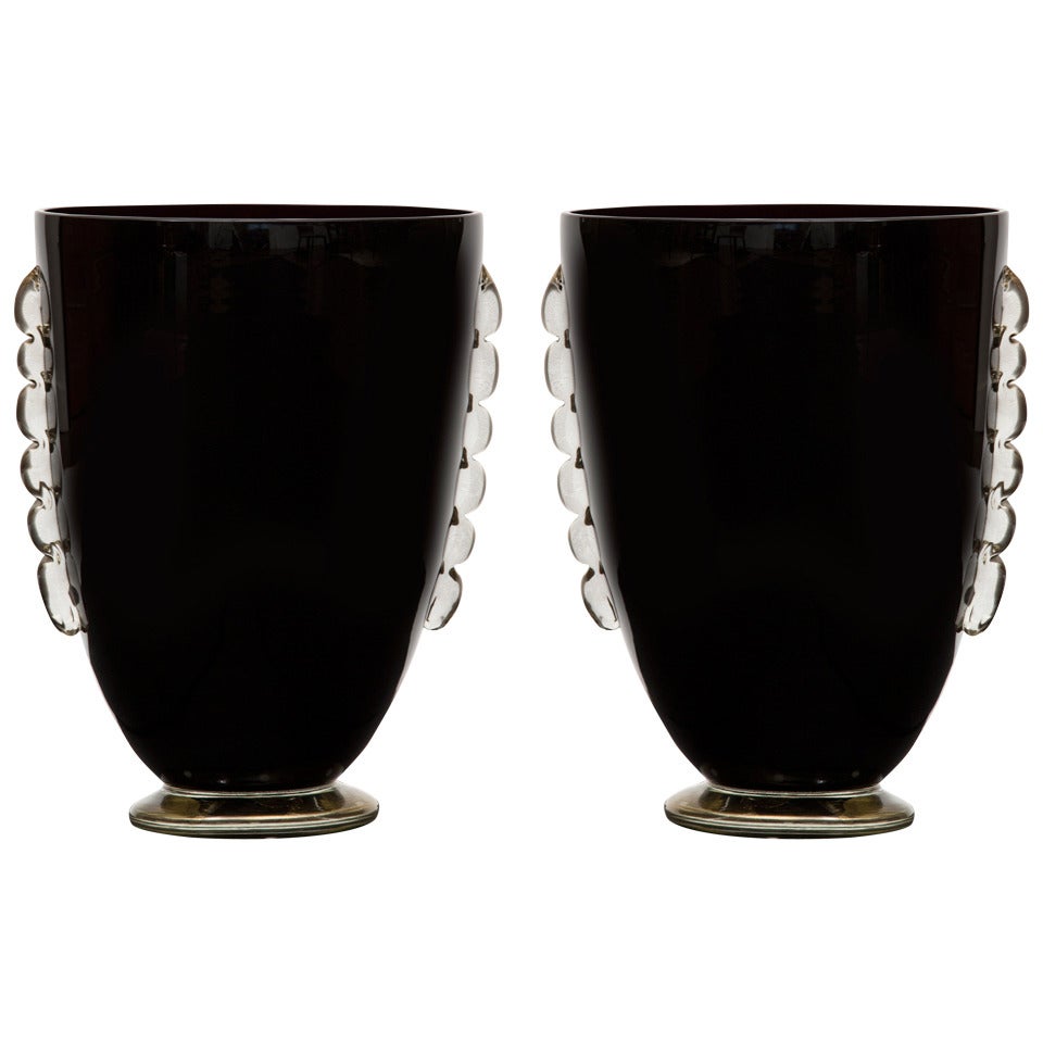 Murano Black Glass Vases With Fused Gold Leaf