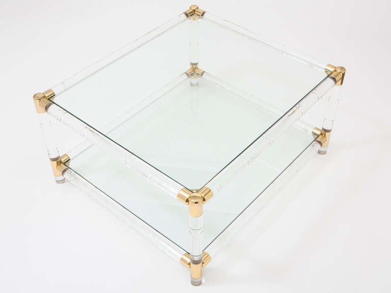 Mid-20th Century French Vintage Lucite & Brass Coffee Table