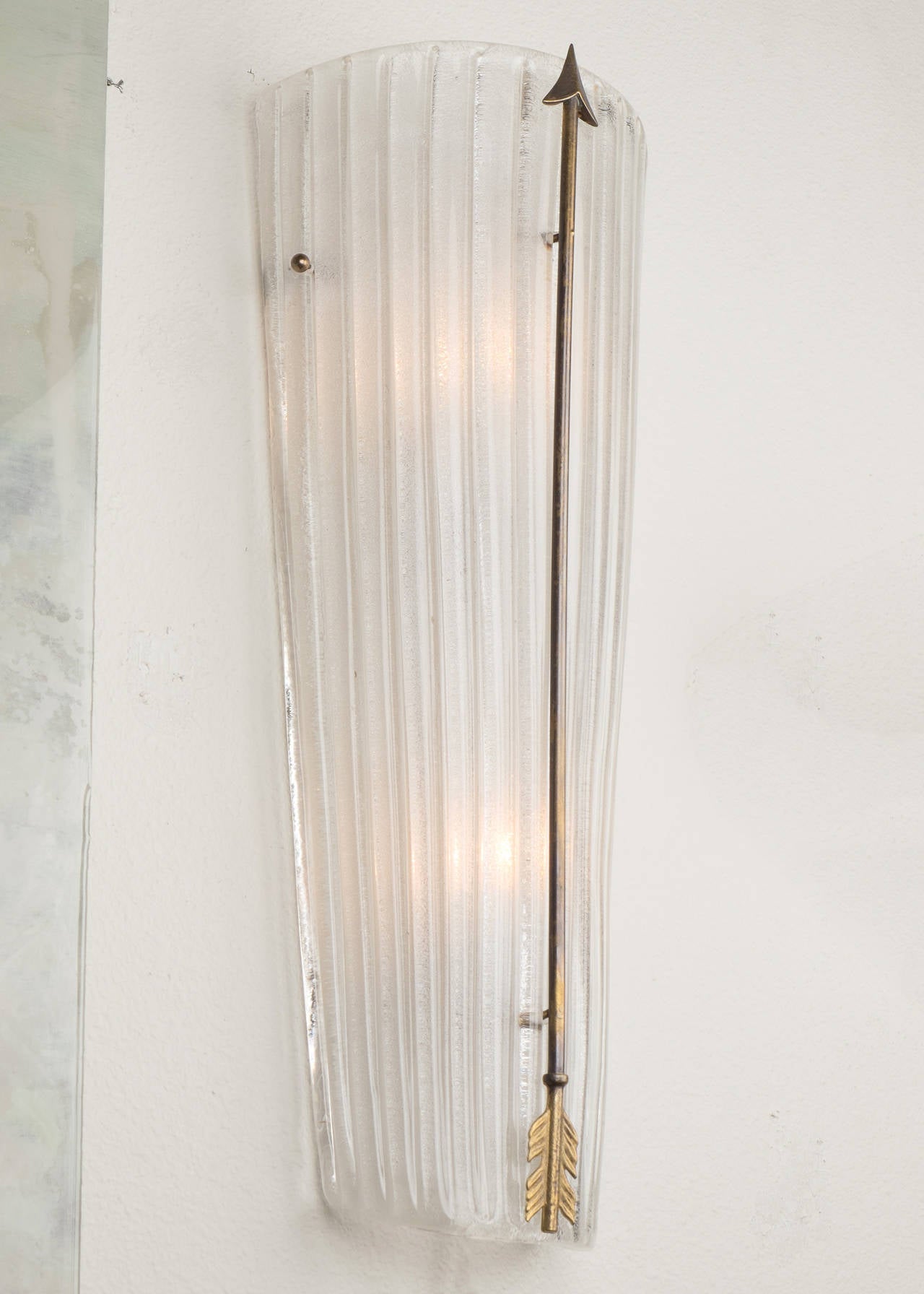 Mid-Century Modern Pair of Murano Glass Sconces with Brass Arrows
