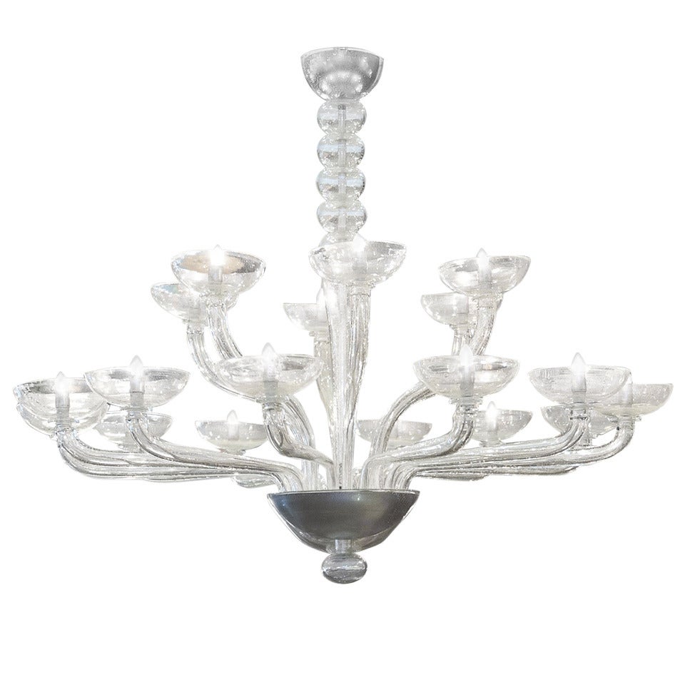 Eighteen-Branch Silver "Avventurina" Murano Glass Chandelier