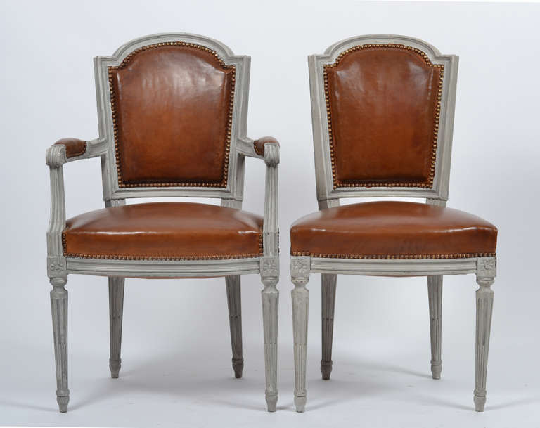 French Louis XVI Set of Leather Dining Chairs Signed Maison Hirsch