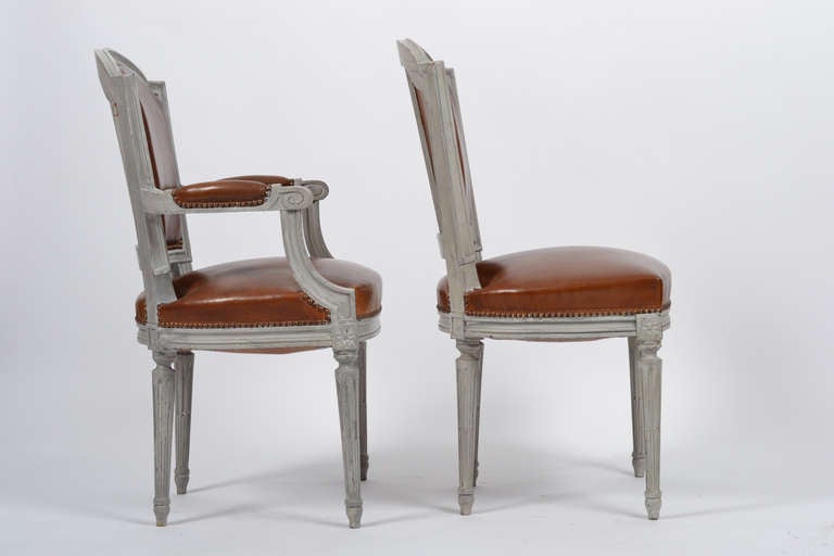 20th Century Louis XVI Set of Leather Dining Chairs Signed Maison Hirsch
