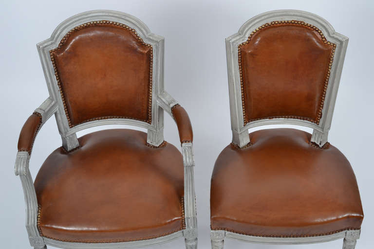Louis XVI Set of Leather Dining Chairs Signed Maison Hirsch 1