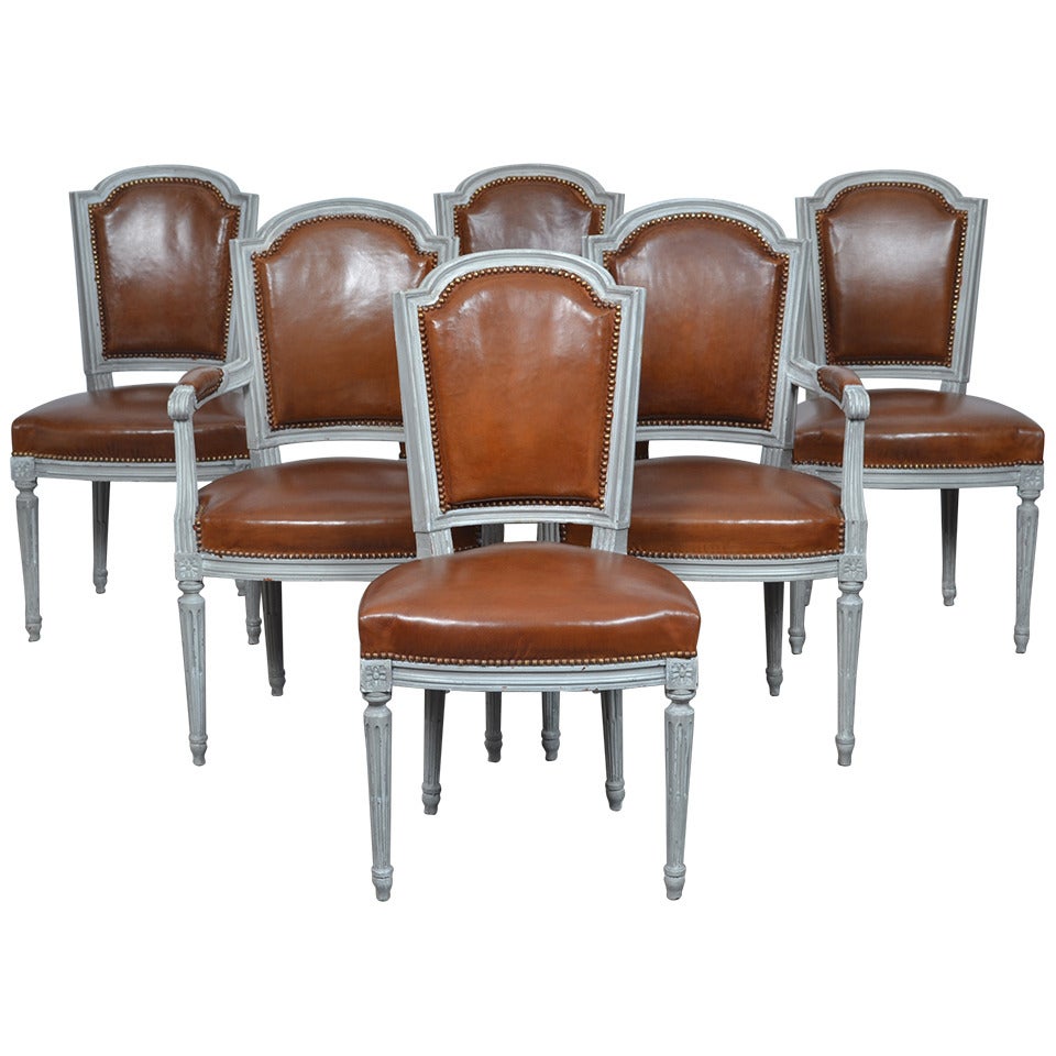 Louis XVI Set of Leather Dining Chairs Signed Maison Hirsch