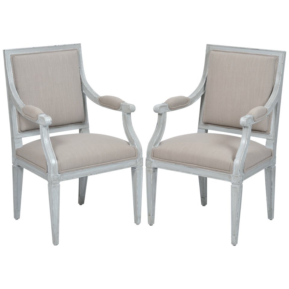 Pair of French Louis XVI Gray Linen Armchairs