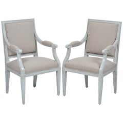 Pair of French Louis XVI Gray Linen Armchairs