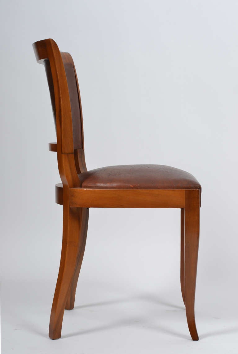 Mid-20th Century French Art Deco Set of Walnut and Leather Dining Chairs