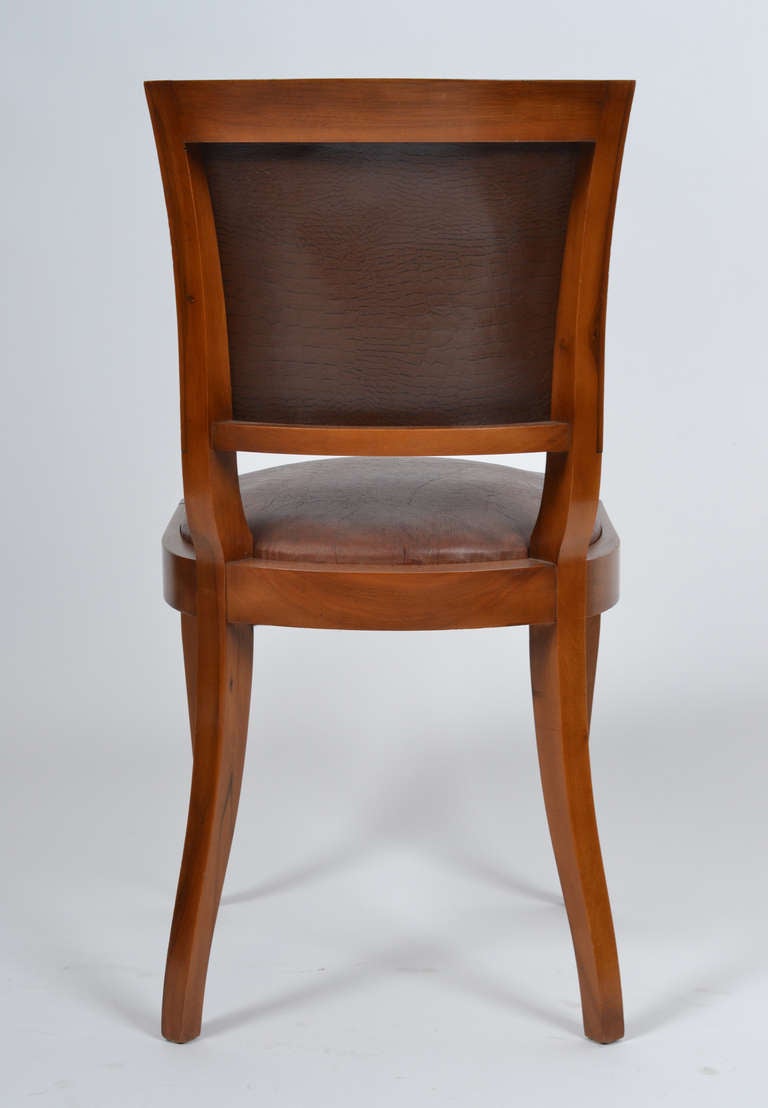 French Art Deco Set of Walnut and Leather Dining Chairs 1