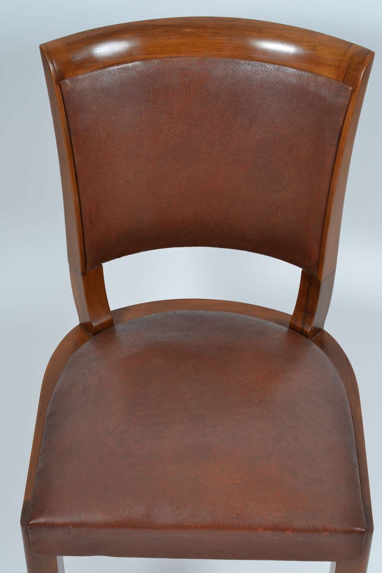 French Art Deco Set of Walnut and Leather Dining Chairs 3