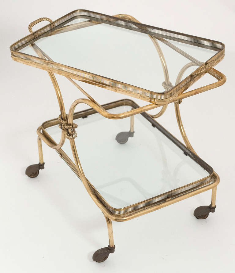 Art Deco Vintage Nautical Brass Bar Cart with Rope Details