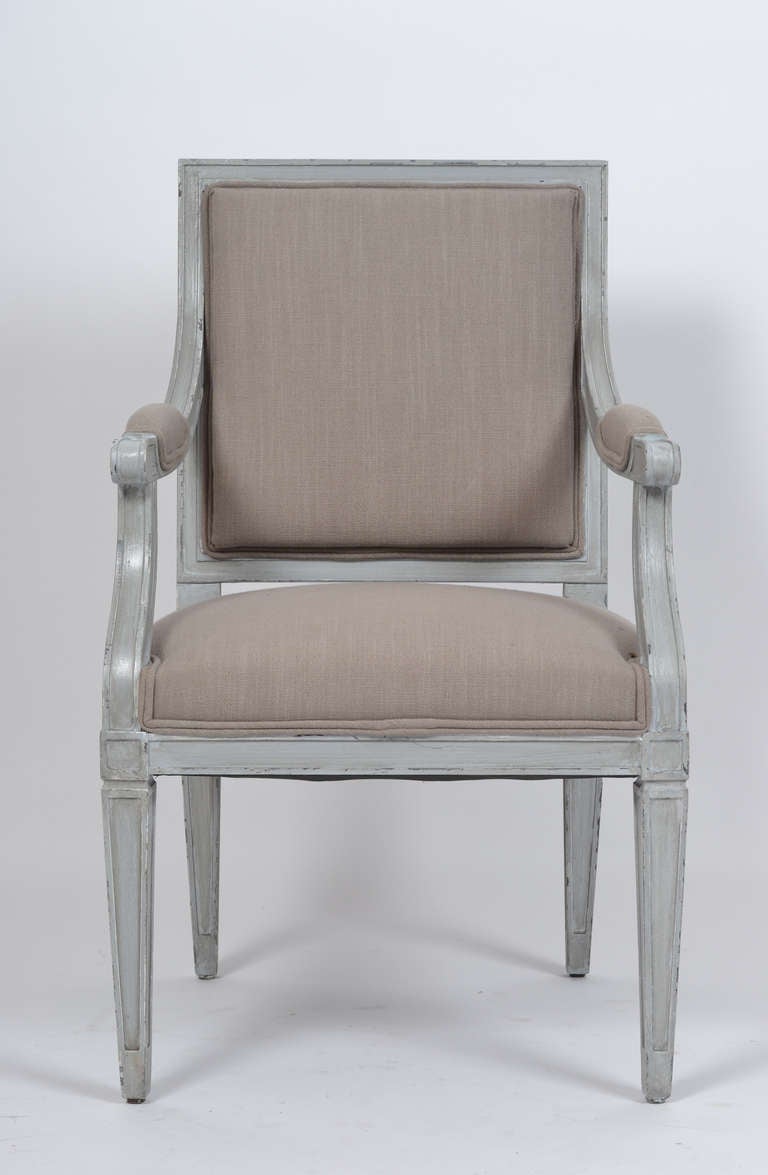 Painted Pair of French Louis XVI Gray Linen Armchairs