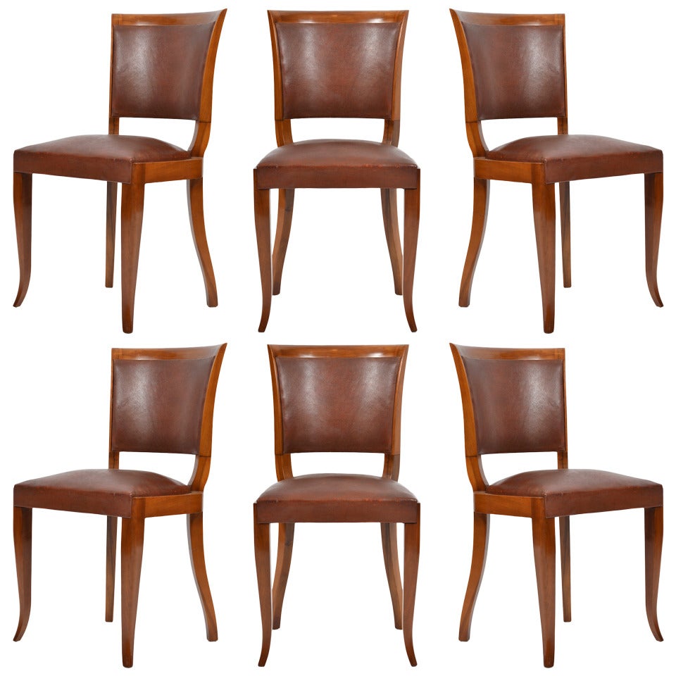 French Art Deco Set of Walnut and Leather Dining Chairs