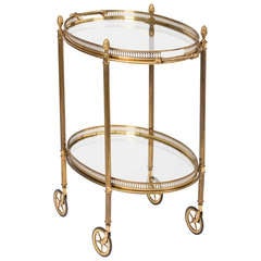 French Vintage Oval Brass & Glass Bar Cart