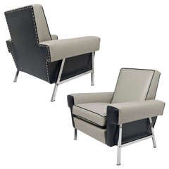 French Modernist Leather & Chrome Club Chairs