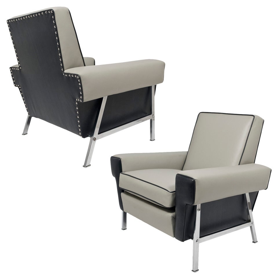 French Modernist Leather & Chrome Club Chairs