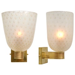 Pair of Murano "Pulegoso" Glass and Brass Sconces