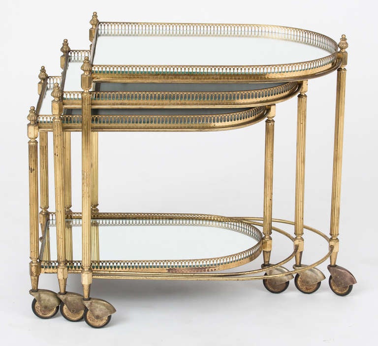 French Set of Brass Nesting Tables on Casters