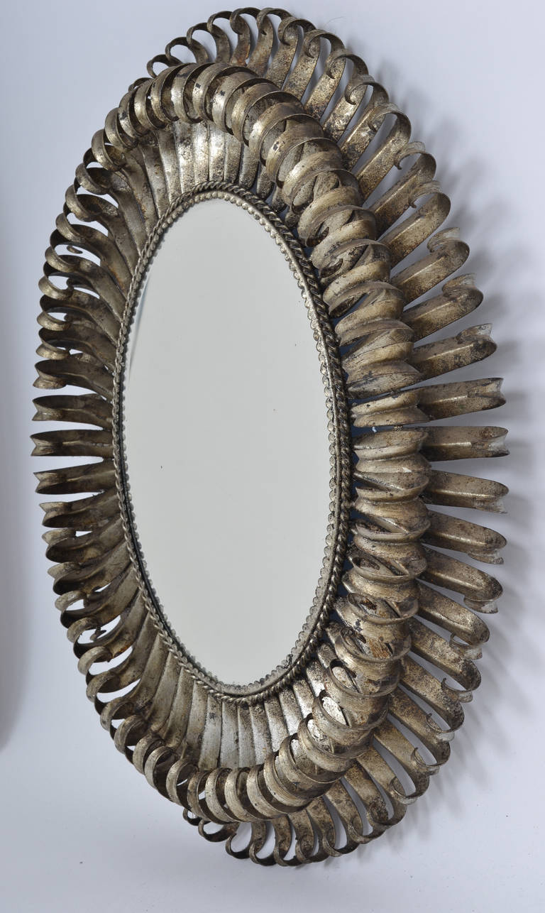 Mid-Century Modern Vintage Silver Leaf Sunburst Mirror in the Manner of Line Vautrin