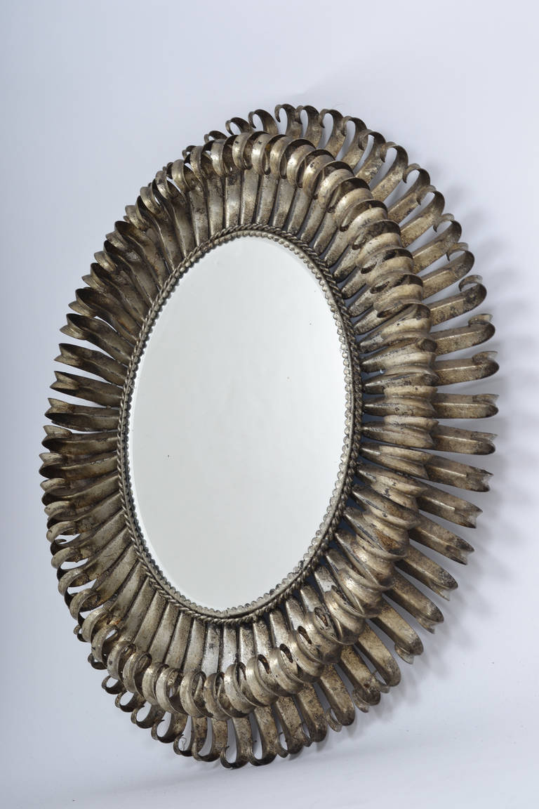 Vintage Silver Leaf Sunburst Mirror in the Manner of Line Vautrin 3