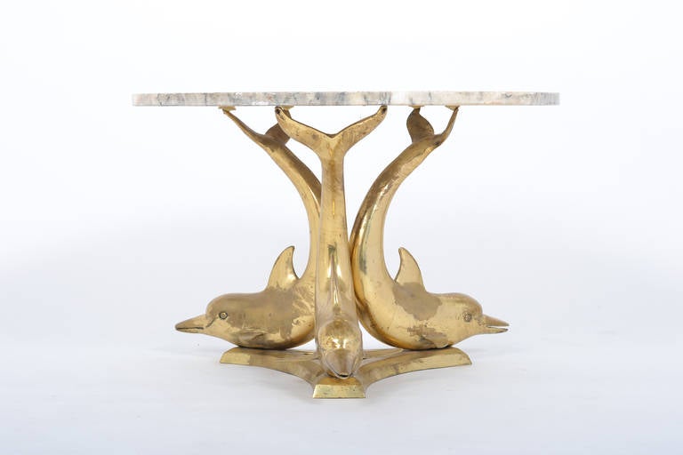 Mid-Century Modern Marble Top Gilt Bronze Dolphin Coffee Table