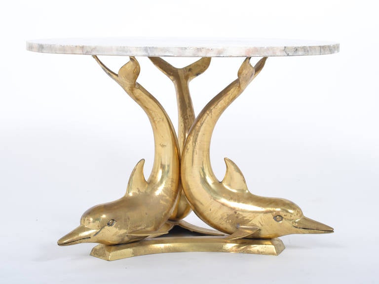 French Marble Top Gilt Bronze Dolphin Coffee Table