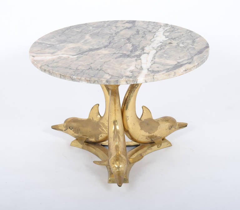 Marble Top Gilt Bronze Dolphin Coffee Table In Good Condition In Austin, TX