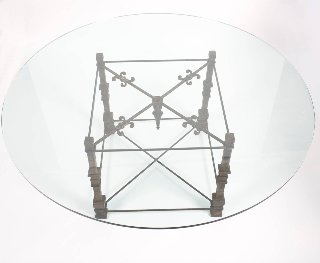 American Antique Forged Iron Dining Table with Glass Top