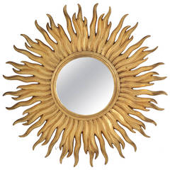 Vieux Miroir Convexe Sunburst en feuille d'or