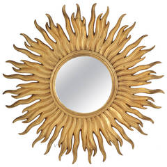 Specchio Convex Sunburst d'epoca in foglia d'oro