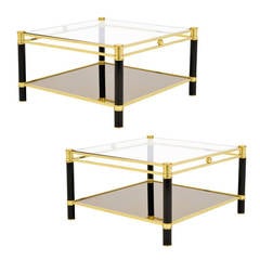 French Vintage Pair of Brass and Glass Side Tables
