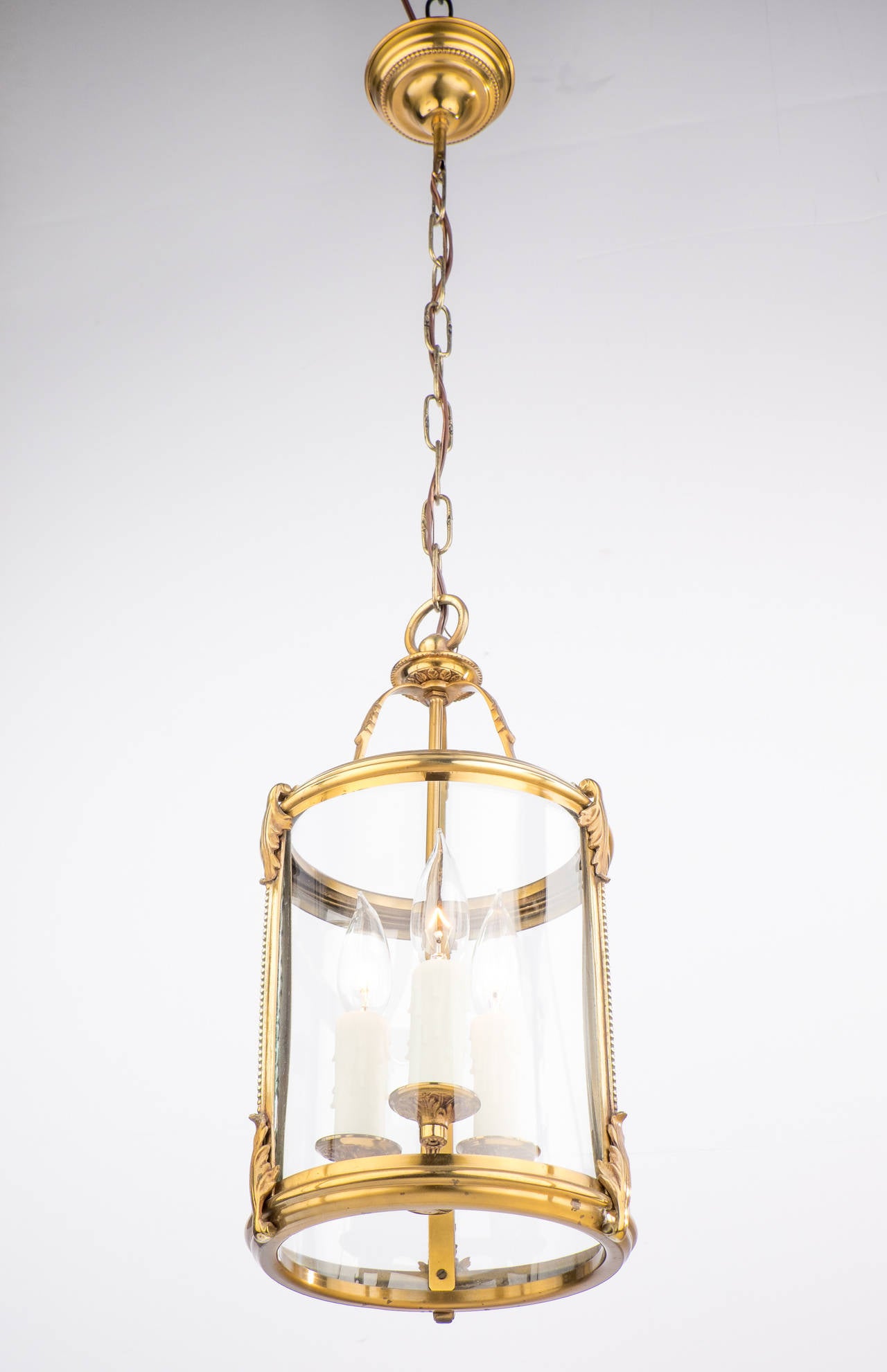 Cast French Pair of Brass and Glass Lanterns