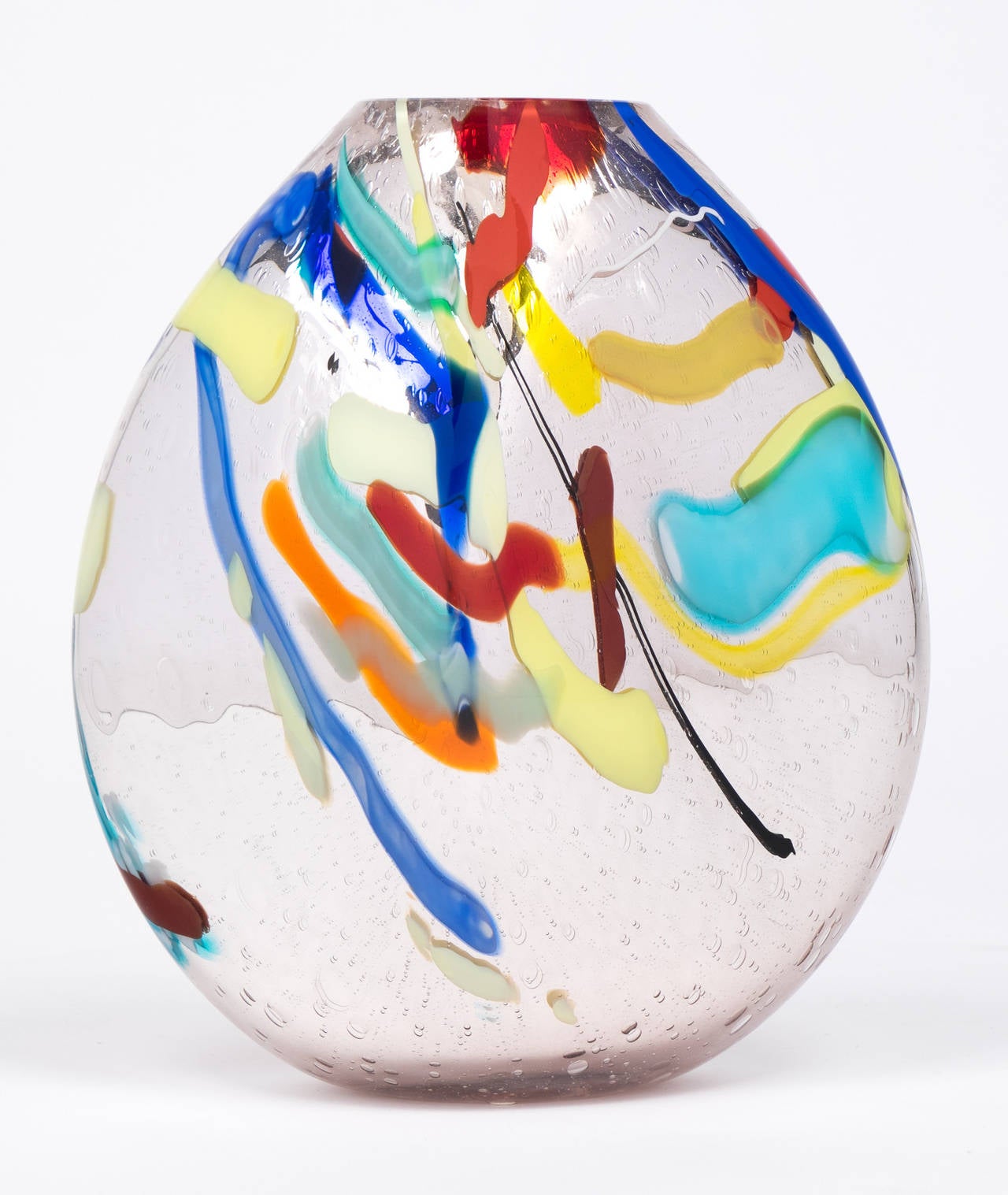 Superb glass work by D. Dona, polychrome abstract decor on mercury glass.