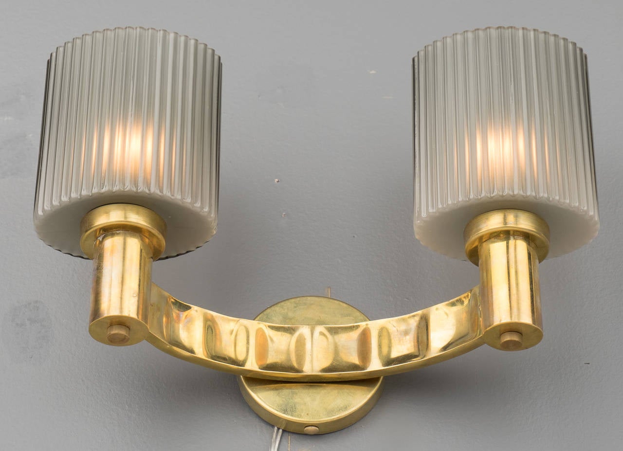 Mid-Century Modern Murano Gray Glass and Brass Wall Sconces For Sale