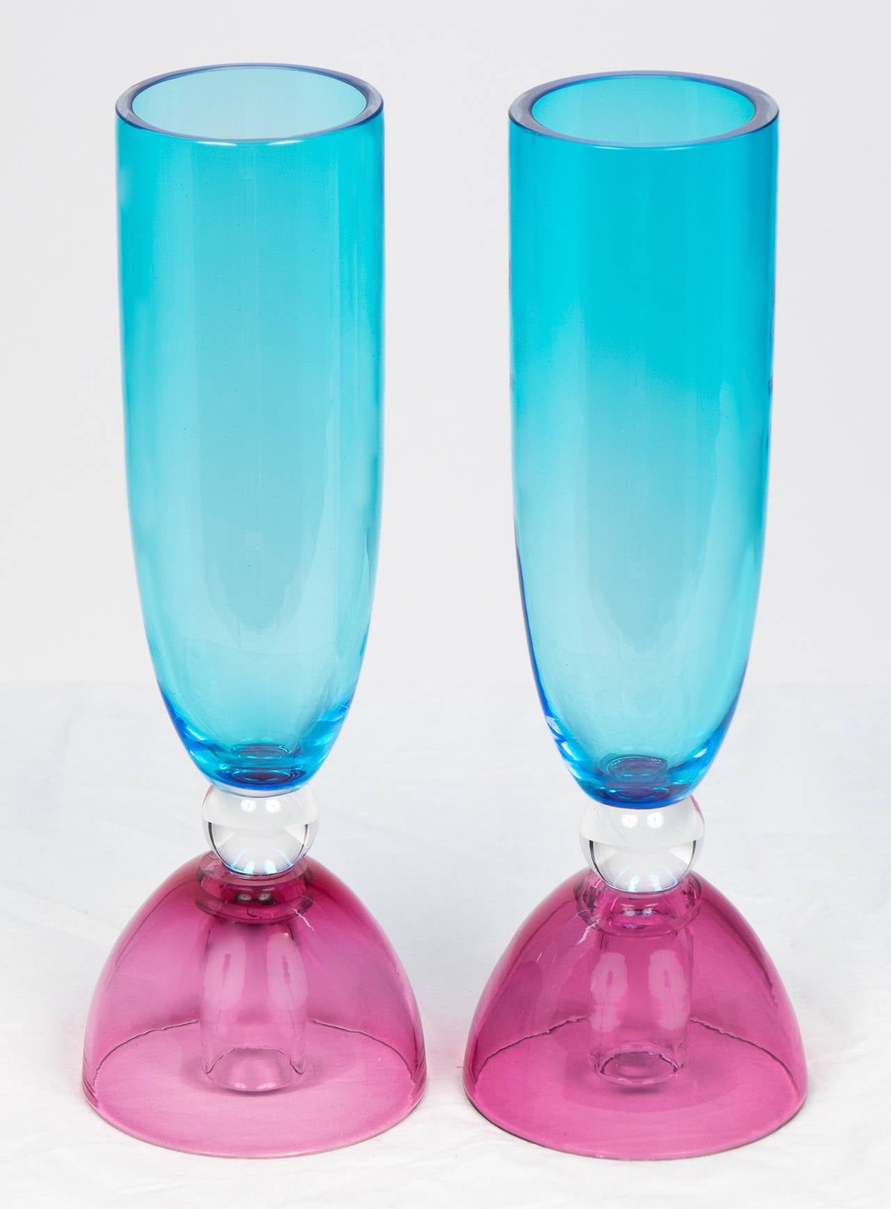 Murano Cerulean Blue and Amethyst Glass Candlesticks or Vases In Excellent Condition In Austin, TX